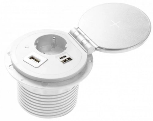 Розетка встраиваемая GTV 1-м.+беспроводная зарядка+2xUSB+HDMI Ø80мм белый фото Розетка встраиваемая GTV 1-м.+беспроводная зарядка+2xUSB+HDMI Ø80мм белый картинка